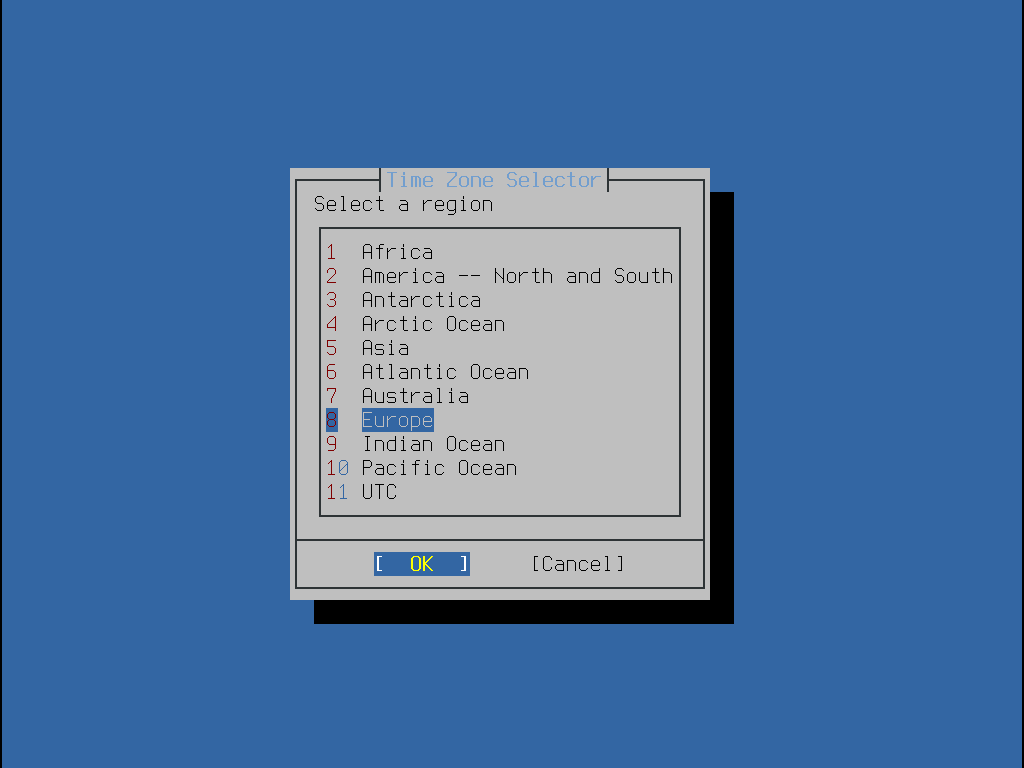 Menu requesting the timezone region.