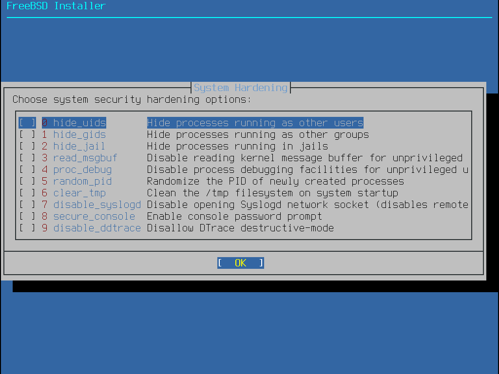 Menu shoring the different hardening security options.