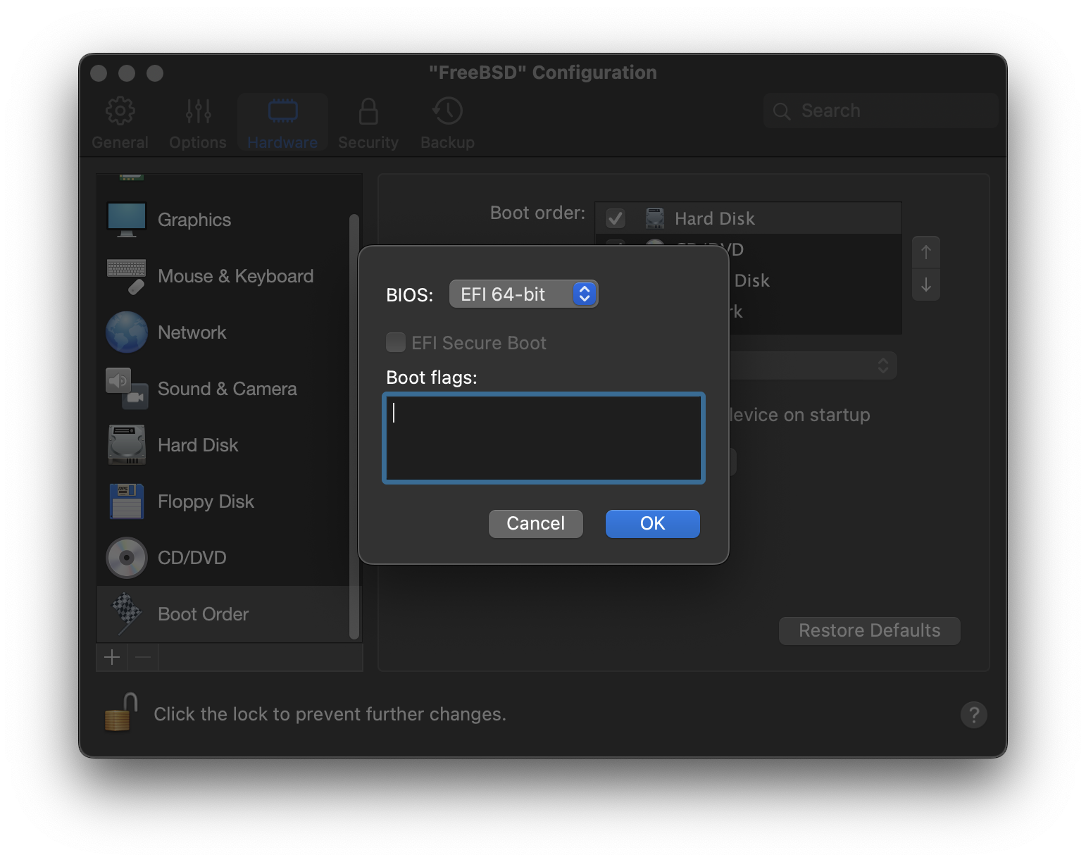 Parallels setup wizard showing EFI 64-bit chosen as BIOS