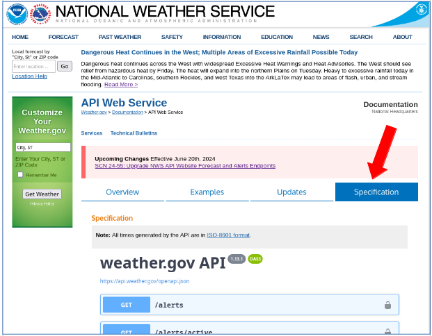 Figure 3: US NWS API Web Page