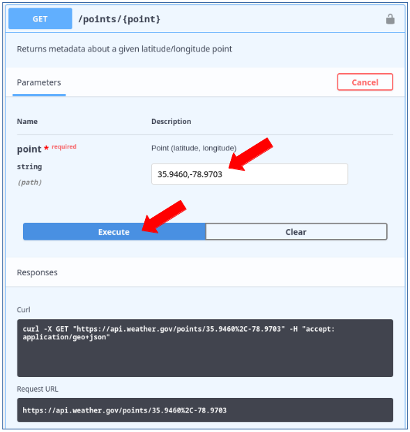 Figure 5: Executing US NWS &ldquo;points&rdquo; API